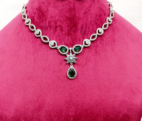 Indian CZ Green Necklace Earrings Silver Plated Wedding Bridal A Gift For Her - Picture 2 of 5