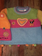 CATIMINI Girls 3D Knit Sweater Size 2 Stripes Heart Cat Flowers Colorful