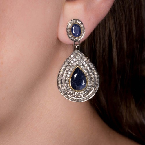 NATURAL DIAMOND SAPPHIRE EARRINGS STATEMENT DROP DANGLE PEAR TEARDROP BLUE BIG - Picture 2 of 2