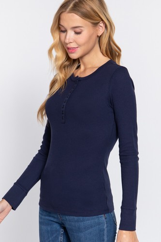 Womens Henley Warm Soft Thermal Top Button T-Shirt Waffle Knit Layering - Picture 36 of 52