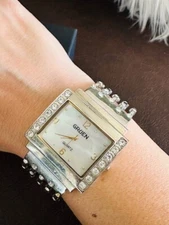 Gruen Rhinestone Fashion Cuff Style Silver Quartz Ladies Watch Needs Battery