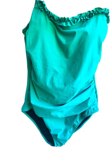 NWT Profile Gottex One Shoulder Ruffle Frill 1 Pc Teal Swimsuit Sz 14 MSRP $144 - Picture 6 of 11