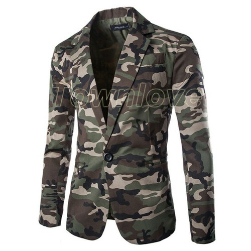 Mens Camouflage Slim Fit Single Breasted Suit Casual Blazer Coat Jacket Military - Picture 1 of 14