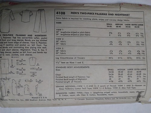 Pajamas Sleepwear Sleepshirt M Mens Simplicity 4108 Sewing Pattern 40s VTG Cut - Picture 6 of 6