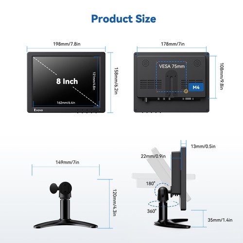 Eyoyo 8/9'' CCTV Monitor 1024x600 IPS LCD w/ Dual Speakers HDMI/VGA/AV/BNC Input - Afbeelding 15 van 22