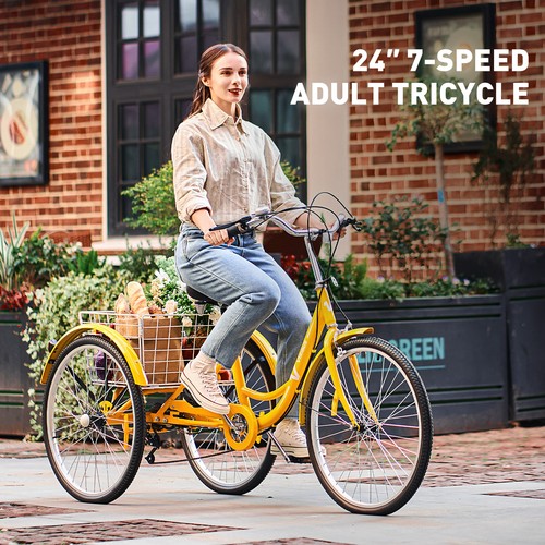 VIRIBUS 24" Adult Trike Tricycle 7 Speed 3-Wheel Bike w/Basket for Shopping - Picture 10 of 12