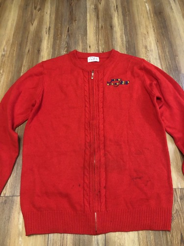 Mister Rogers’ Neighborhood Adult Red Knit Cardigan Sweater Stains See Measure - Picture 7 of 24