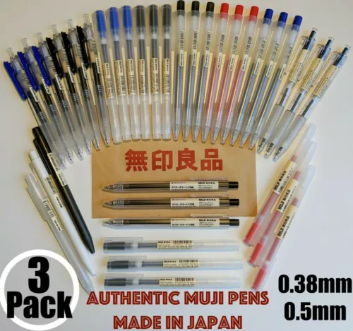 3 Pack Pen Muji Pens Japan Gel Ink Click Cap Black Blue 0.38mm 0.5mm NEW