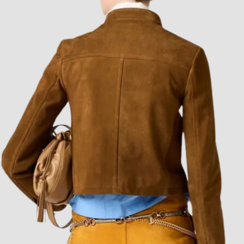 Women's Brown Suede Leather Jacket Classic Slim Fit Moto Biker Zip-Up Coat - Bild 2 von 3