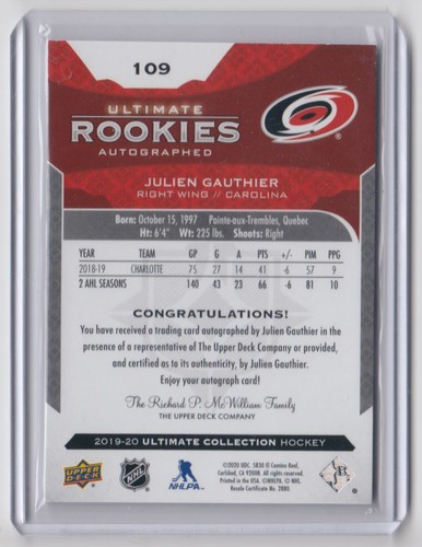2019-20 Upper Deck Ultimate Collection Julien Gauthier RC Auto 062/299 Carolina - Picture 2 of 2