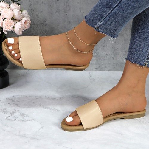 Glaze Women's Classic Slide Sandals Faux Leather Tan Footbed Casual Flat Slip-On - Picture 47 of 91