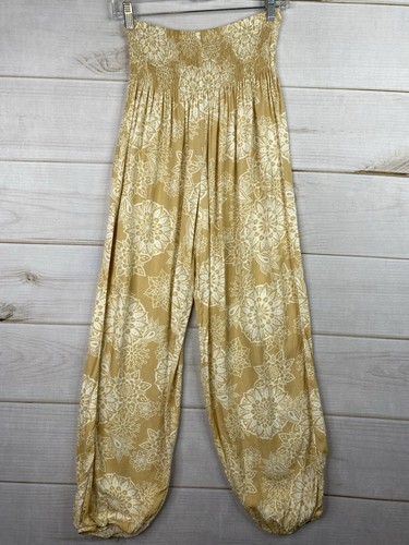 Lotus And Luna Pants Womens S Tan White Boho Harem Smocked Waist Lounge