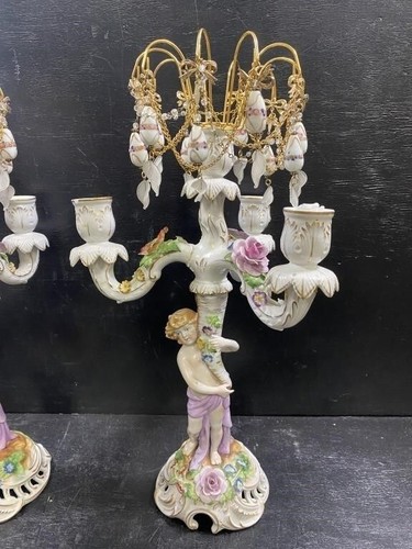 Pair Of Dresden Von Schierholz Porcelain Cherub Candelabra 15" - Picture 3 of 6