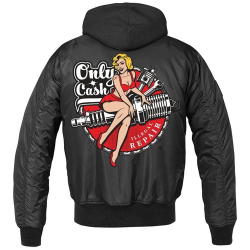 Herren MA1 Bomberjacke mit Kapuze Innenfutter Motiv only cash illegal Repair - Bild 3 von 10