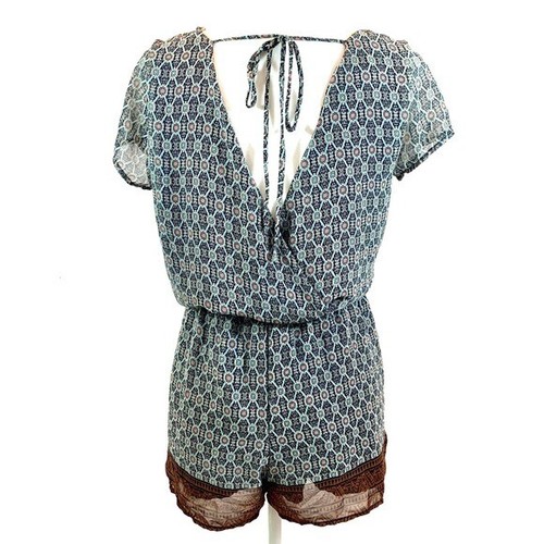 Papaya size S navy & tan short sleeve v-neck front & back romper w elastic waist - Picture 3 of 8