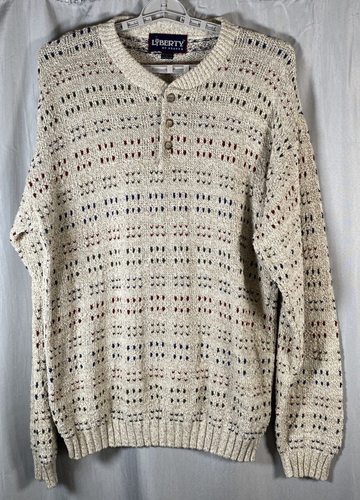 Liberty Exacta Pullover Herren Large Beige Blau Rot Langarm 1/4 Knopf Pulli