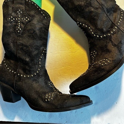 Roper Sz 10 Black Faux Suede Studded Crosses Cowgirl Western Boots