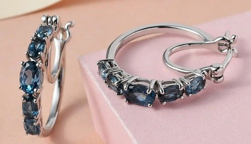London Blue Topaz Hoop Earrings in Platinum Over Sterling Silver 2.75 ctw - Picture 2 of 4