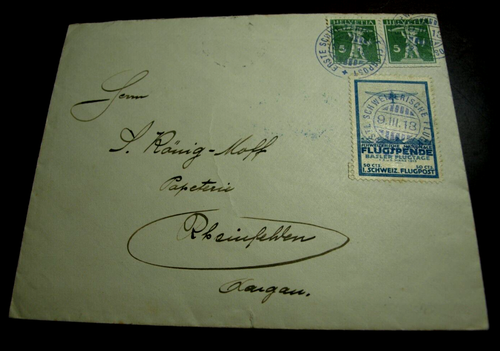 SCHWEIZ ERSTFLUGBRIEF 1913 MIT HALBOFFIZIELLER LUFTPOSTMARKE KATZE 700 $ - Bild 1 von 3