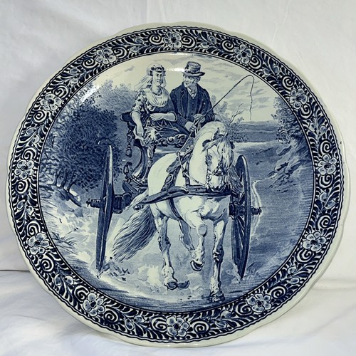 Piatto da parete grande 15" vintage Boch blu Delft cavallo e carrozza Belgio *firmato? - Foto 1 di 8