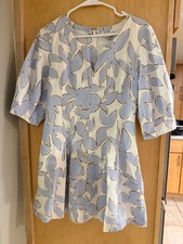 A New Day Women's Size 4 Blue Floral Fit Flare Mini Dress Split Neck Ivory