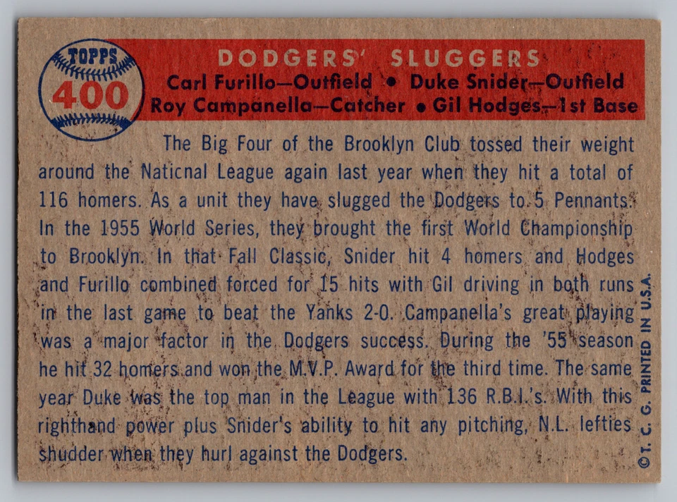 1957 Topps #400 Carl Furillo/Duke Snider/Roy Campanella/Gil Hodges Foto 2 de 3