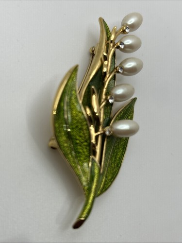 Vintage MONET Lily of the Valley Faux Pearl Enamel & Rhinestone Brooch Pin 2.9” - Picture 3 of 11