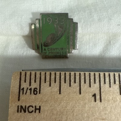 1933 Chicago Worlds Fair Pin - Green Enamel - Silver Tone Vintage Lapel Pin