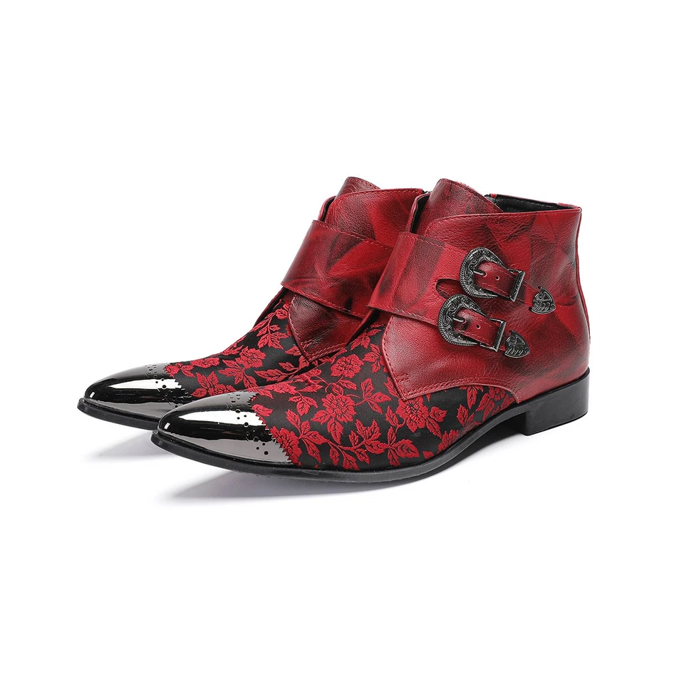 Botas masculinas de couro real biqueira pontiaguda estampa floral fivela tornozelo festa noturna zíper - Imagem 4 de 4