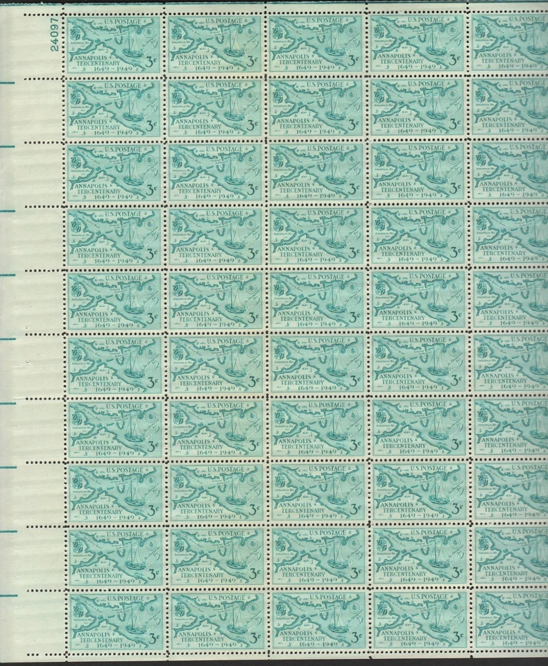USA #984 -1949 Full Sheet of 50 Stamps Pl 24097 Annapolis Tercentenary 3¢ VF MNH - Image 2 of 4