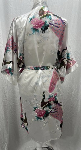 Vintage Pfau Vogel Kimono Stil Morgenmantel asiatisch Blumen weiß Damen Gr. Large kurz - Bild 6 von 20
