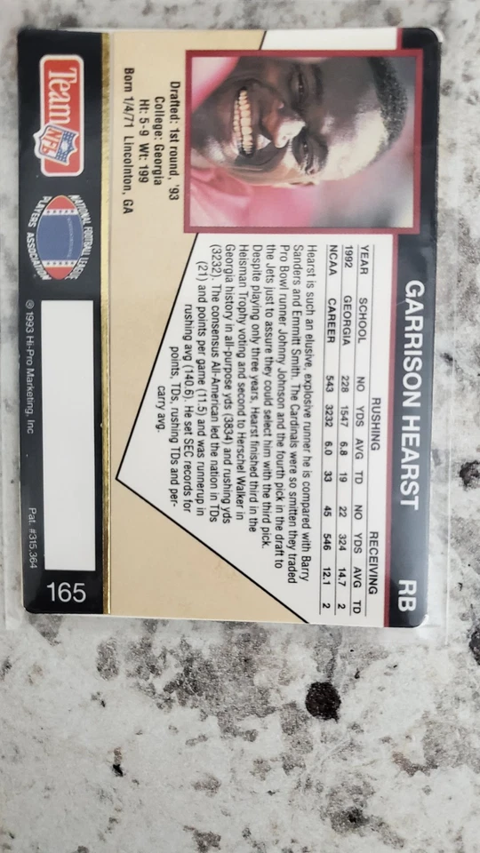 1993 Action Packed Garrison Hearst Phoenix Cardinals #165 MINT - Image 2 of 2