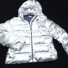 POLO RALPH LAUREN WOMENS JACKET PUFFER -XS- SILVER FOIL QUILTED HOODIE DOWN PONY