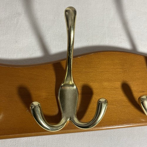 Wood Gold Tone Metal Wall 4 Coat Hooks - Picture 8 of 8