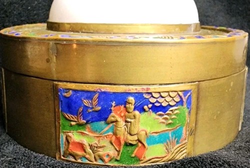 Antique Chinese Brass Trinket Box Hand Enameled Hand Painted Porcelain Top Look - Picture 2 of 24