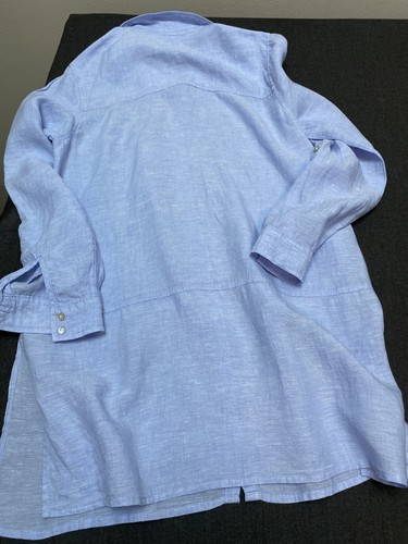 Tahari 100% Linen Blue Button up Shirt Blouse Tunic Top Coastal Beach Coverup M - Picture 7 of 15