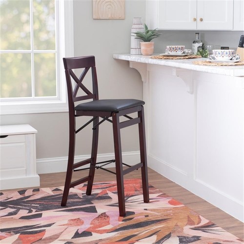 Linon Triena X-Back Folding 30" Bar Stool Brown Faux Leather Seat in Merlot Wood - Picture 3 of 16