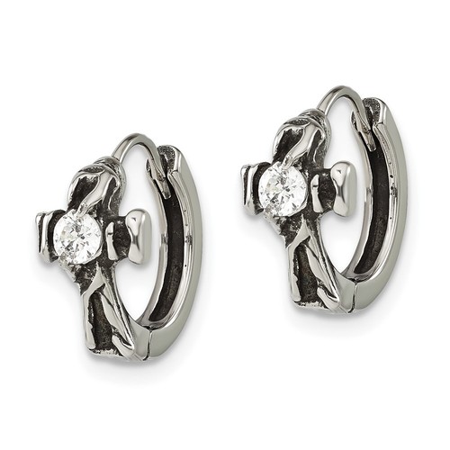 Stainless Steel Antiqued Polished w/ CZ Cross Hinged Hoop Earrings - Picture 3 of 4