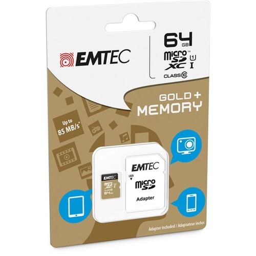 EMTEC microSDXC Memory Card - 64GB - Gold Includes SD Adapter - UHS-I - Class 10 - Picture 2 of 2