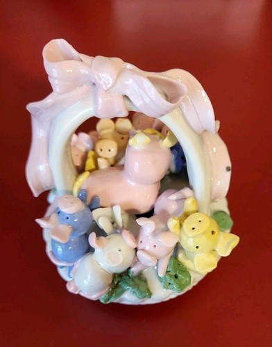 Lot of 2 Vintage Adorable Ceramic Porcelain Momma Pig w/Basket of Piglets - Picture 3 of 13
