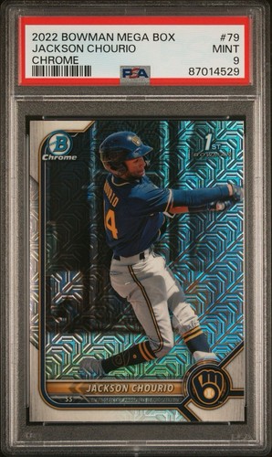 JACKSON CHOURIO PSA 9 2022 Bowman Mega Box Chrome 1st Prospects Brewers #BCP79