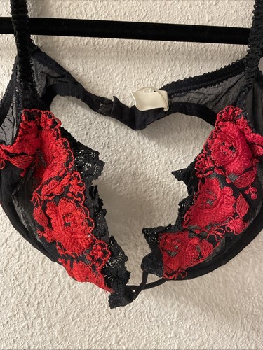 Vintage Y2K Victoria’s Secret Bügel-BH transparent schwarz rot bestickt 36B - Bild 2 von 6