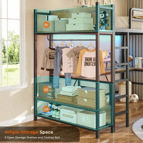 Twin Loft Bed with L-Shaped Desk, LED Lights & Charging Sation, Modern Loft Bed - Picture 7 of 9