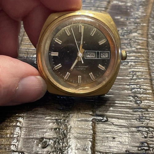 1977 Timex Automatic Viscount Brown Day Date Tiger's Eye Dial Untested, No Band