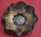 Antique Fenton Cobalt Blue Carnival Glass Leaf Berry Ruffled Bowl Uranium Base