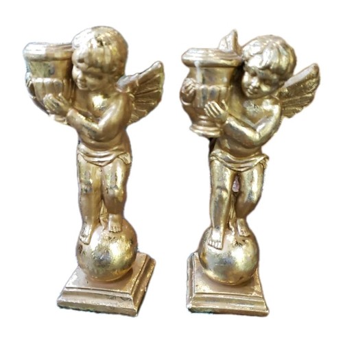 Cherub Pair MCM Hollywood Regency Candlesticks Gold Gilded Chalkware 8.25 Inches - Picture 1 of 7