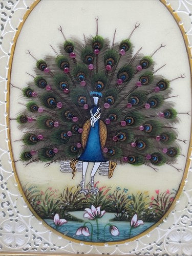 Bluish Teal Peacock Framed Painting, Indian Miniature Painting, 8X8.5in Decor Y3 - Picture 3 of 6