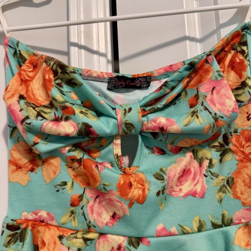 Body Central Strapless Floral Mini Ruffle Peplum Bodycon Dress with Bow Top - Picture 3 of 6