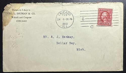 1913 Scott # 409 Schermack Type III Imperf on Cover Chicago to Michigan