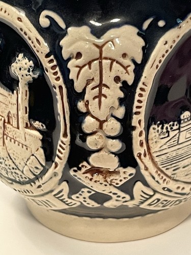 Vintage German Mug Cup Ornate Raised Design Scenic Etched Blue White Signed - Picture 10 of 13